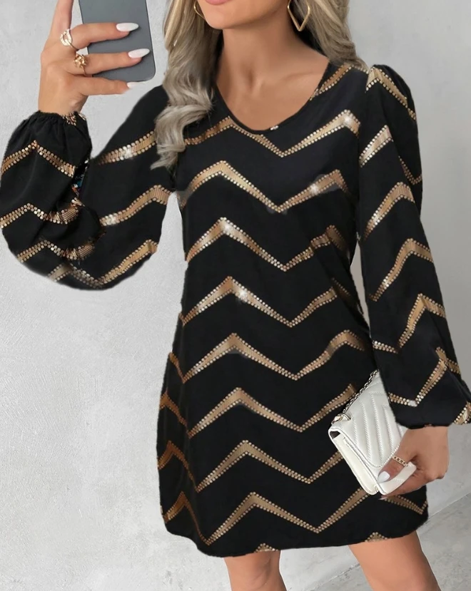 

Women's Urban Dress 2024 Summer Latest V-Neck Long Sleeve Colorblock Bronzing Chevron Print Casual Daily A Line Mini Dress Skirt