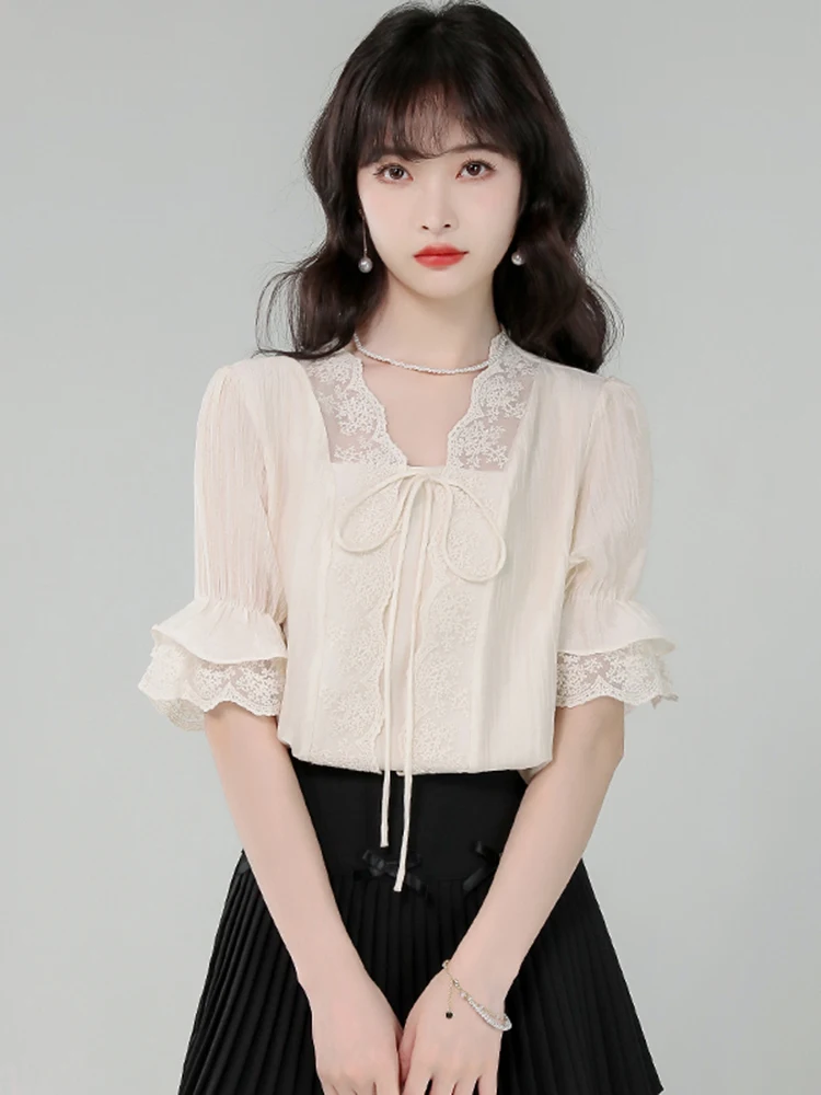 

Faionable Lace Tie V-Ne ort Sve Women's Chiffon Top Summer 2026 New Sle Ele Inner Wear Straight Cut Straight