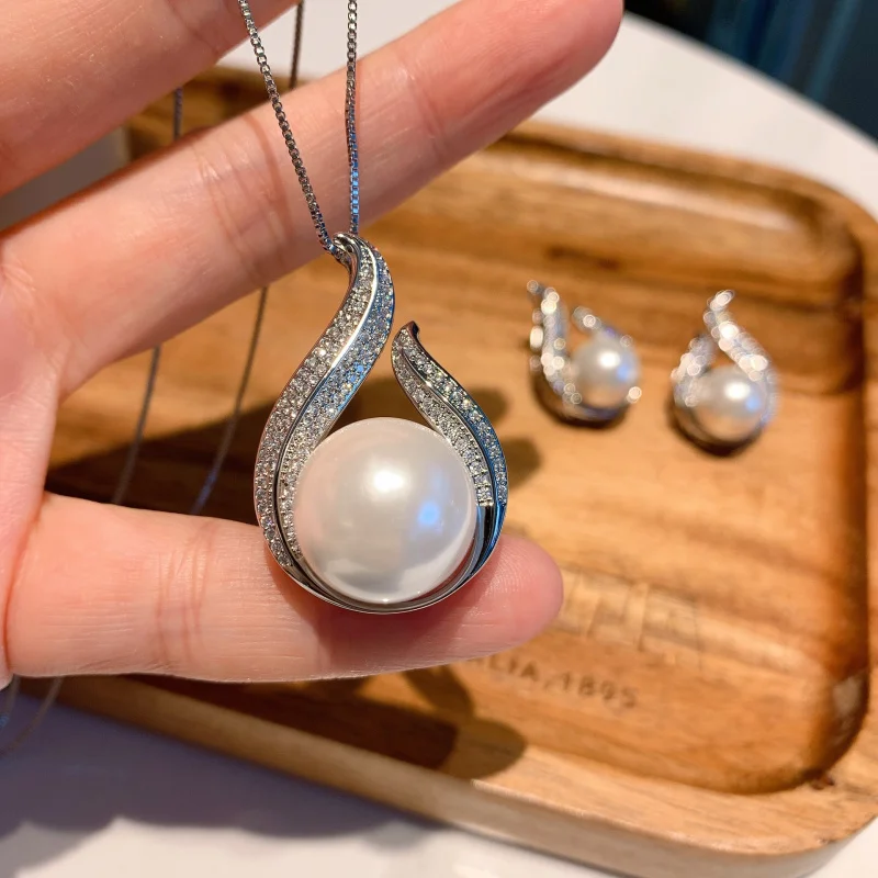 

S925 Silver Needle Gemstone Set Fashion Pendant Necklace Earrings Wedding Jewelry Two-Piece Set