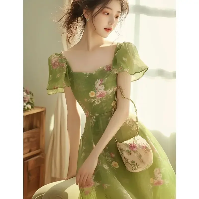 Korejepo French Temperament Super Fairy Chiffon Dress Lazy Vacation Style High End Green Floral Dresses Children Summer Vestido