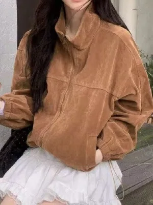 

Ретро-куртка из коричневой оленьей кожи с бархатным эффектом, бейсбольная куртка-косуха для женщин, осенняя модная короткая куртка