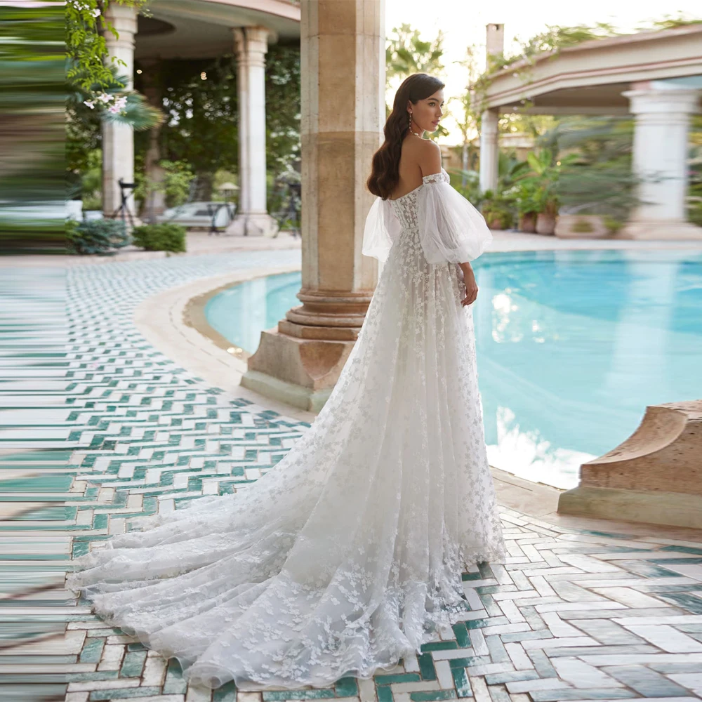 ชุดแต่งงานทรงเอไลน์ที่สง่างามสำหรับผู้หญิง ชุดเจ้าสาวลูกไม้ประดับลายโรแมนติก ชุดแต่งงานลูกไม้แขนยาวที่มีเสน่ห์ ชุดเจ้าสาวสำหรับงานแต่งงาน