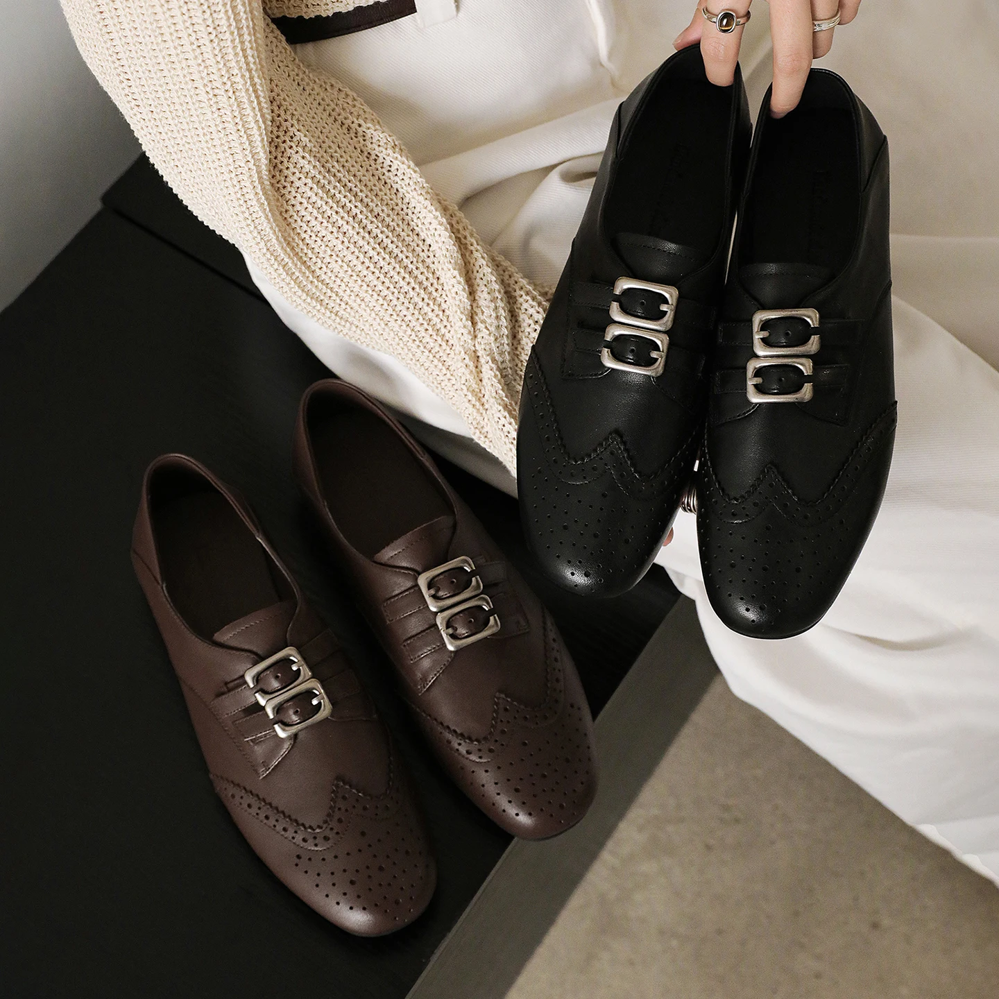 2026 new spring autumn women pumps natural leather 22-25cm cowhide+sheepskin+pigskin round toe buckle loafers women shoes