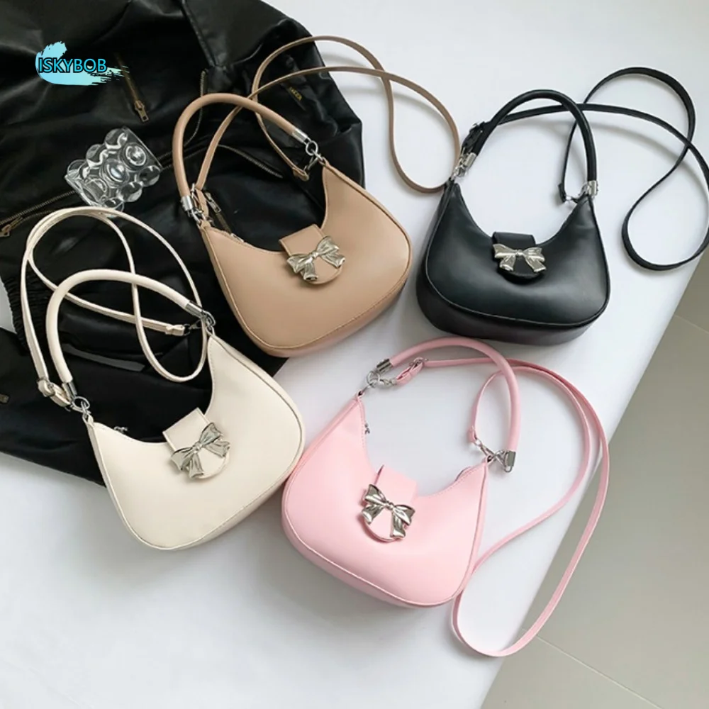 

Y2k Style Bowknot Crossbody Bag PU Leather Bow Dumpling Shoulder Bag Large Capacity Korean Style Half-moon Handbag Travel