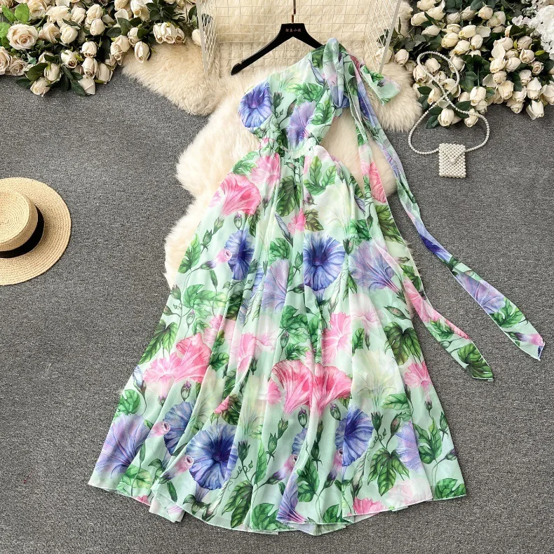 JAMERARY Summer Holiday Floral Maxi Chiffon Dress Women One Shoulder Sexy Print A Line Pleated Elastic Waist Long Vestidos