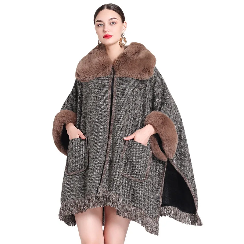 Winter Knitted Thick Warm Velvet Poncho Cape Big Turn-down Faux Fur Neck Cloak Loose Batwing Sleeves Out Streetwear Long Coat