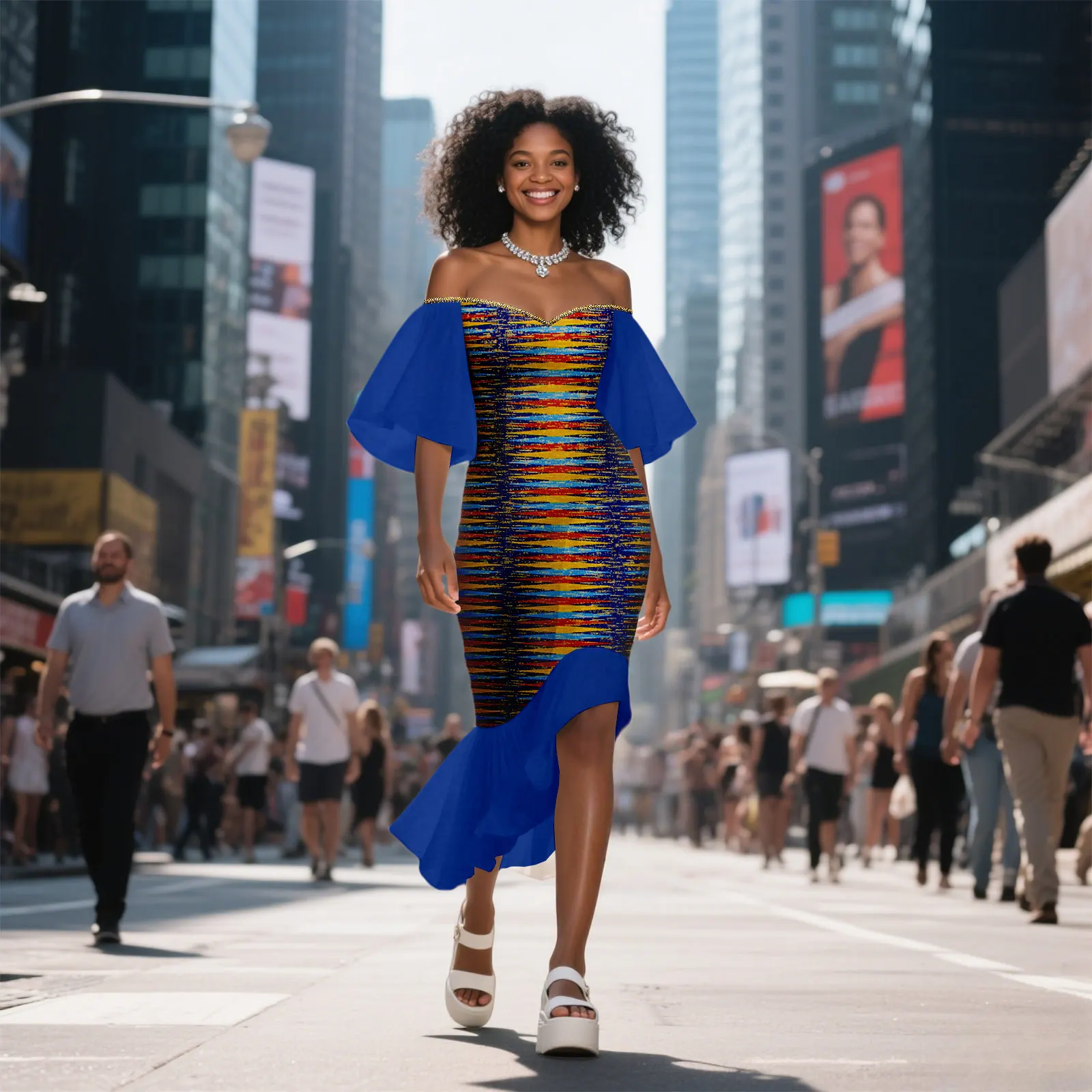 

African Ankara Printed Fabric Women's Dress, Sexy Pairing with Solid Color Skirt Contrasting Color Design Dress 2525084