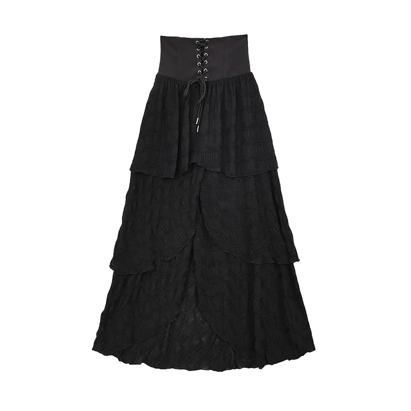 Cake Pleated Bandage Split Summer Solid Causal Women Skirts All Match High Waist Skirt Sexy Fashion Elegant Mujer Faldas