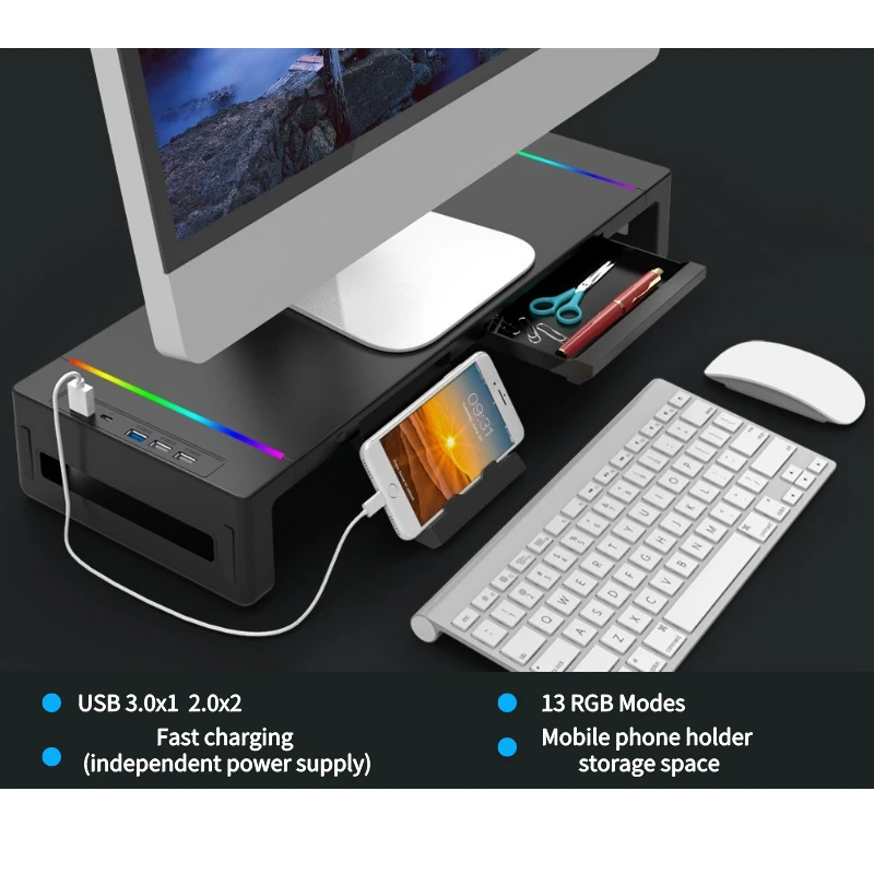 Wielofunkcyjny podstawka pod monitor z oświetleniem RGB i interfejsem szybkiego ładowania, regulowana wysokość, półka na biurko.