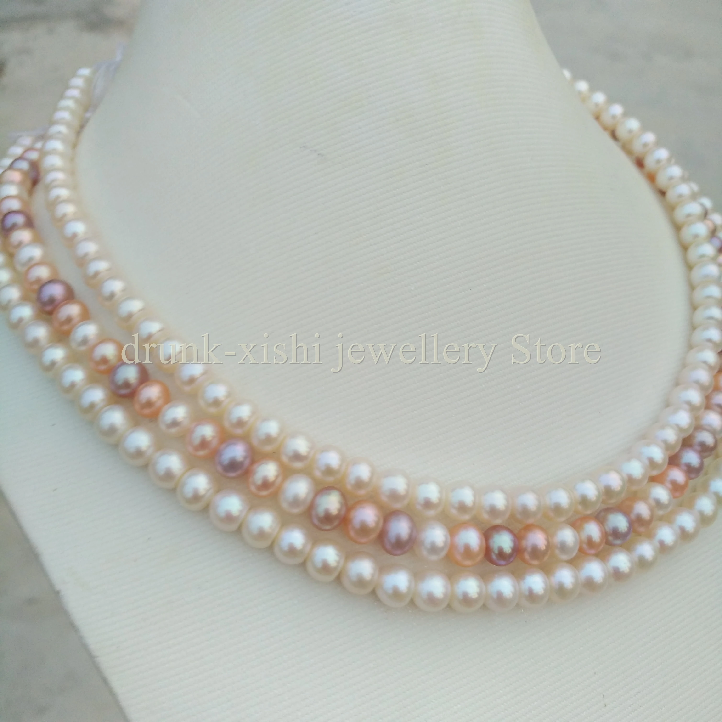 Triple Strand Three Layers Genuine Natural 6-7mm Multicolor White AAA+ Pearl Necklace 18''  At Party