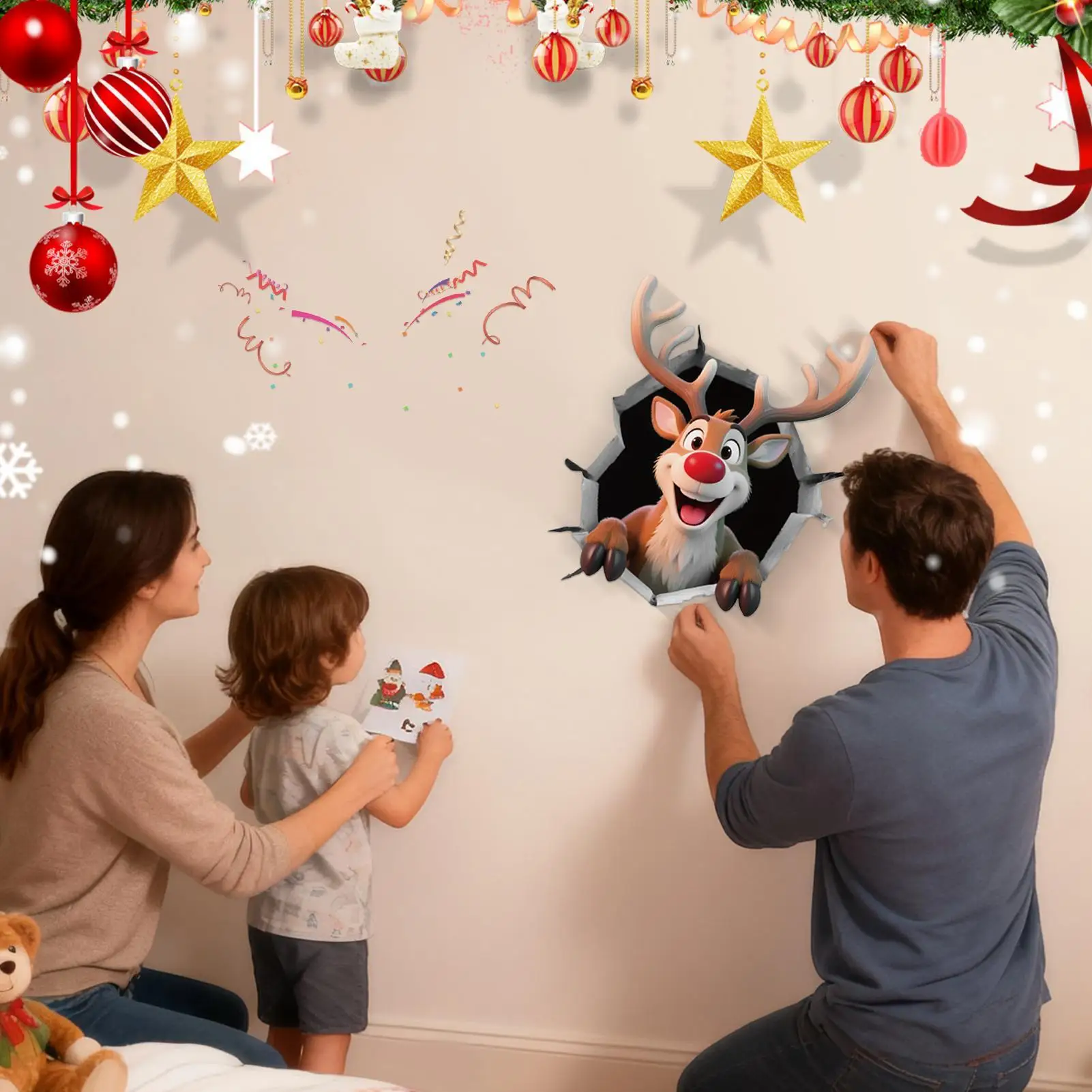 Christmas Wall Decals Santa Claus Reindeer Breaking Wall Snowman Sticker Decorations Toilet Seat Lid Decals for Home Party