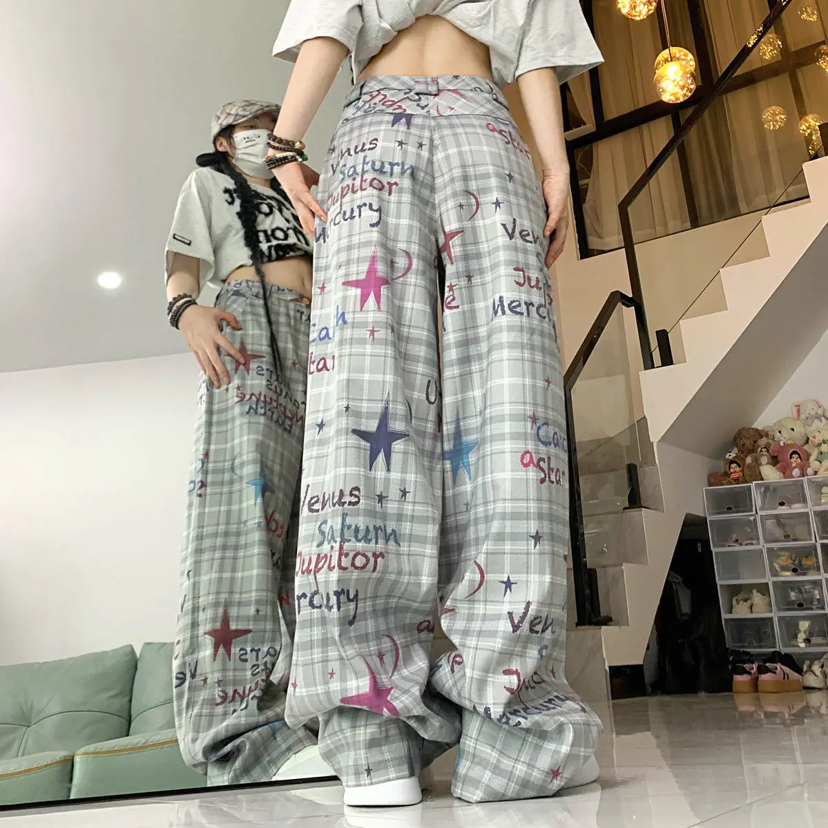 Pantalones informales con estampado de estrellas y grafiti para mujer, pantalón de pierna ancha y cintura alta, estilo Retro, primavera y verano, 2024