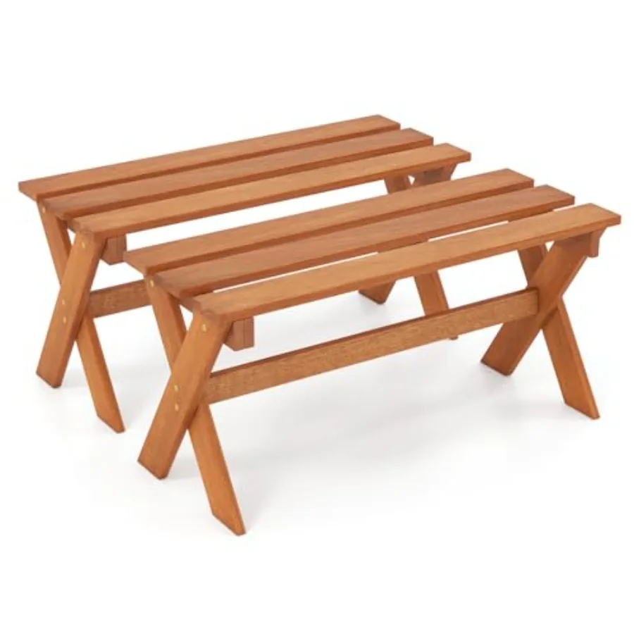 

Outdoor Wood Bench Backless Patio Dining Bench with Teak Oil Finish Natural Brown Slatted Seat X-Shaped Frame Farmhouse Style f