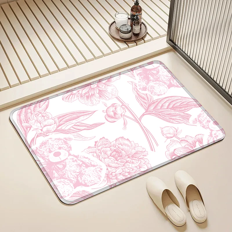 

Pink Teddy Bear Peony Doormat Non-Slip Floor Mat Home Entrance Door Rug Cute Floral Decor Kitchen Bathroom Supplies