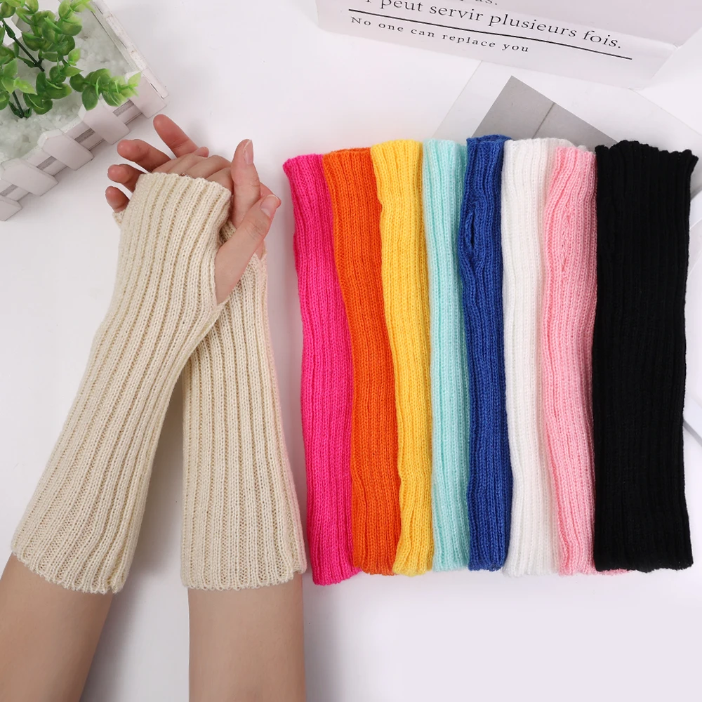 Y2K Lolita Fingerless Gloves Arm Warmers Gothic Women Knitted Kawaii White Hand Work Gloves Anime Cosplay Ankle Wrist Sleeves