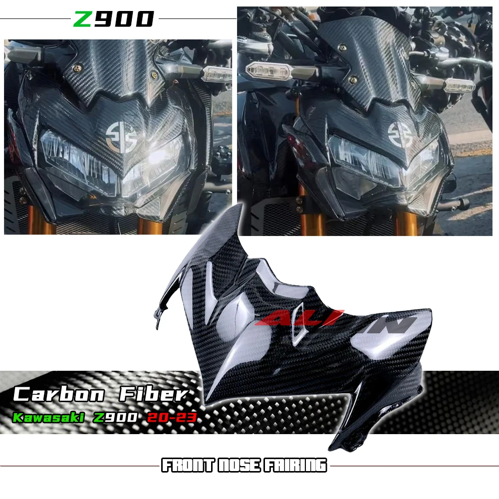 

Fit Kawasaki Z900 2020-2023 2022 Real Dry Carbon Fiber Motorcycle Front Headlight Nose Fairing Upper Cowling Head Light Cover