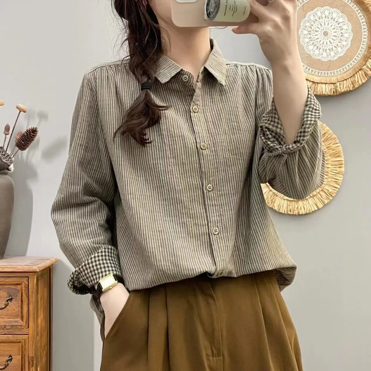 

Pure Cotton Vintage Striped Shirt Women Double Layer Gauze Long Sleeve Blouse Simple Casual Spring Autumn Top