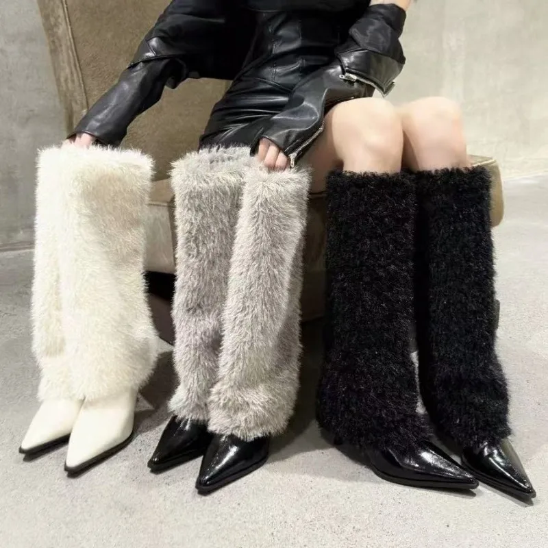 Elegant Pointed Toe Women High Heels Long Boots Designer Classical Suede Shoes 2025 Winter New Brand Pumps Cozy Knee Boots Mujer