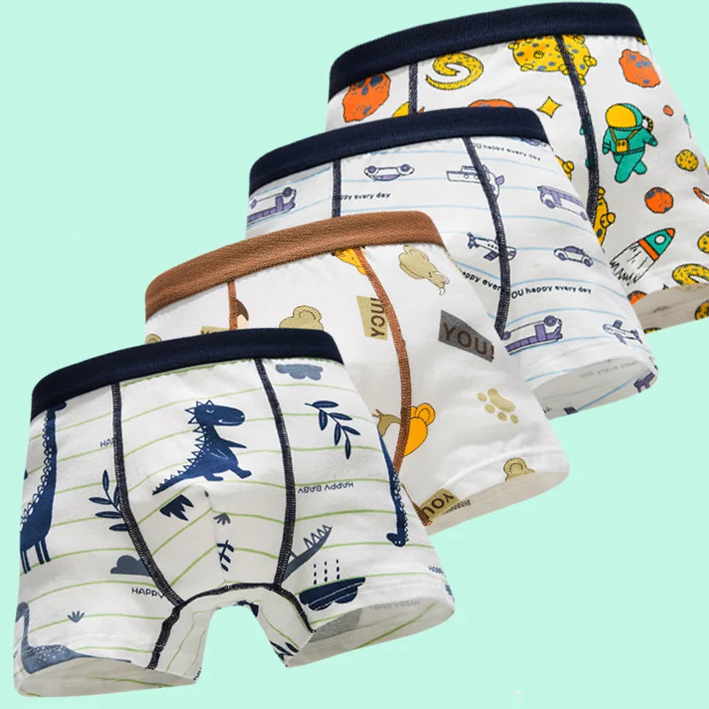 4 Pack Summer Boys Cotton Boxer Briefs Cartoon Dinosaur Printed Soft Breathable Kids Underwear111