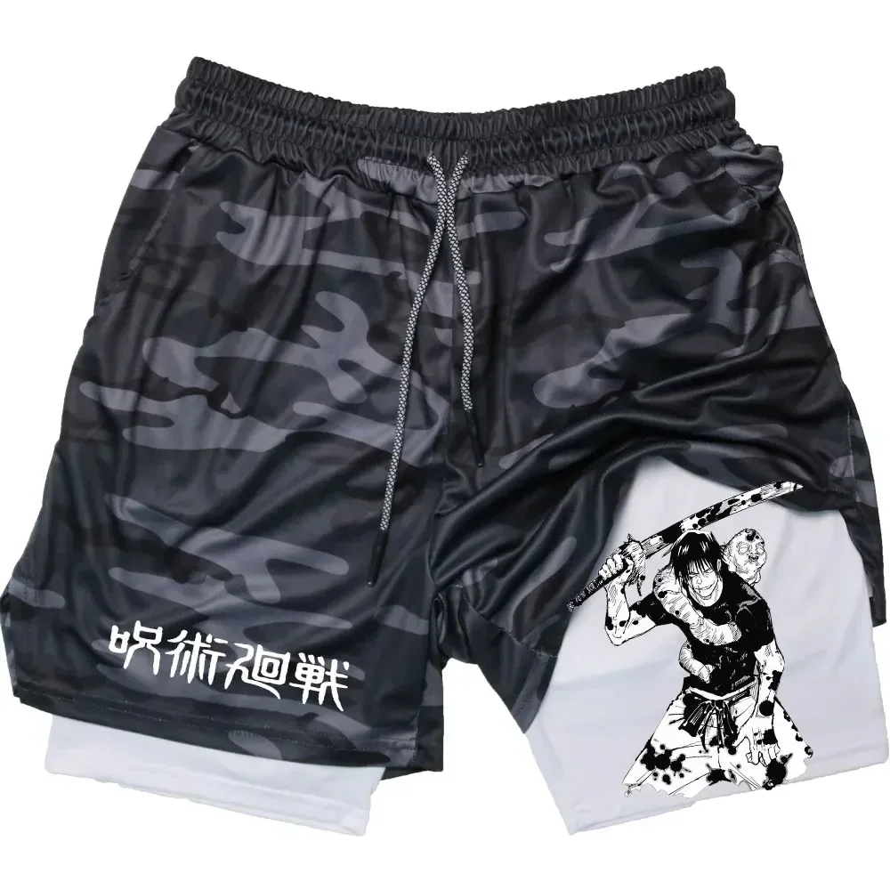 Anime Performance Shorts Toji Printed Men GYM Casual Sports Shorts Workout Running Mesh 2 In 1 Sport Short Pants