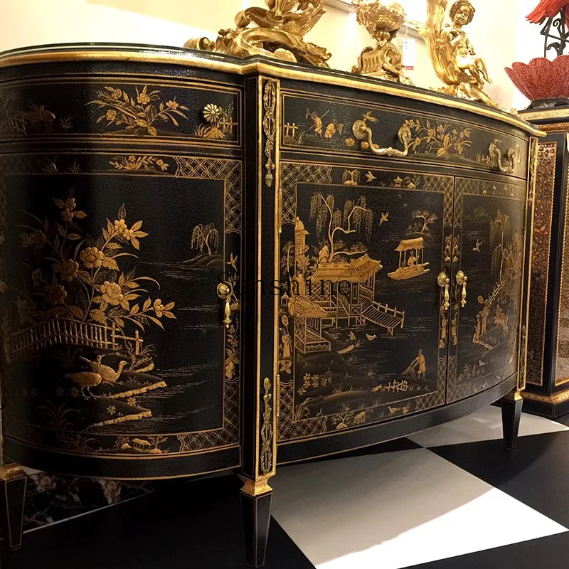 

French retro entrance foyer decoration solid wood hand-painted storage side cabinet FT