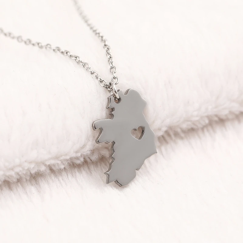 Republic of Ireland Country Heart Map Necklace Stainless Steel Outline Dublin Motherland Hometown Continent Pendant Chain Choker