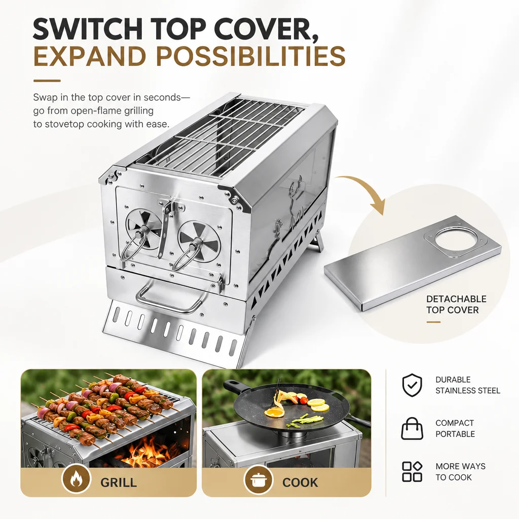 ステンレス製折りたたみ式キャンプ用薪ストーブ、二重ガラスの火 - Camping Cooking Fire Stove のレビューと価格