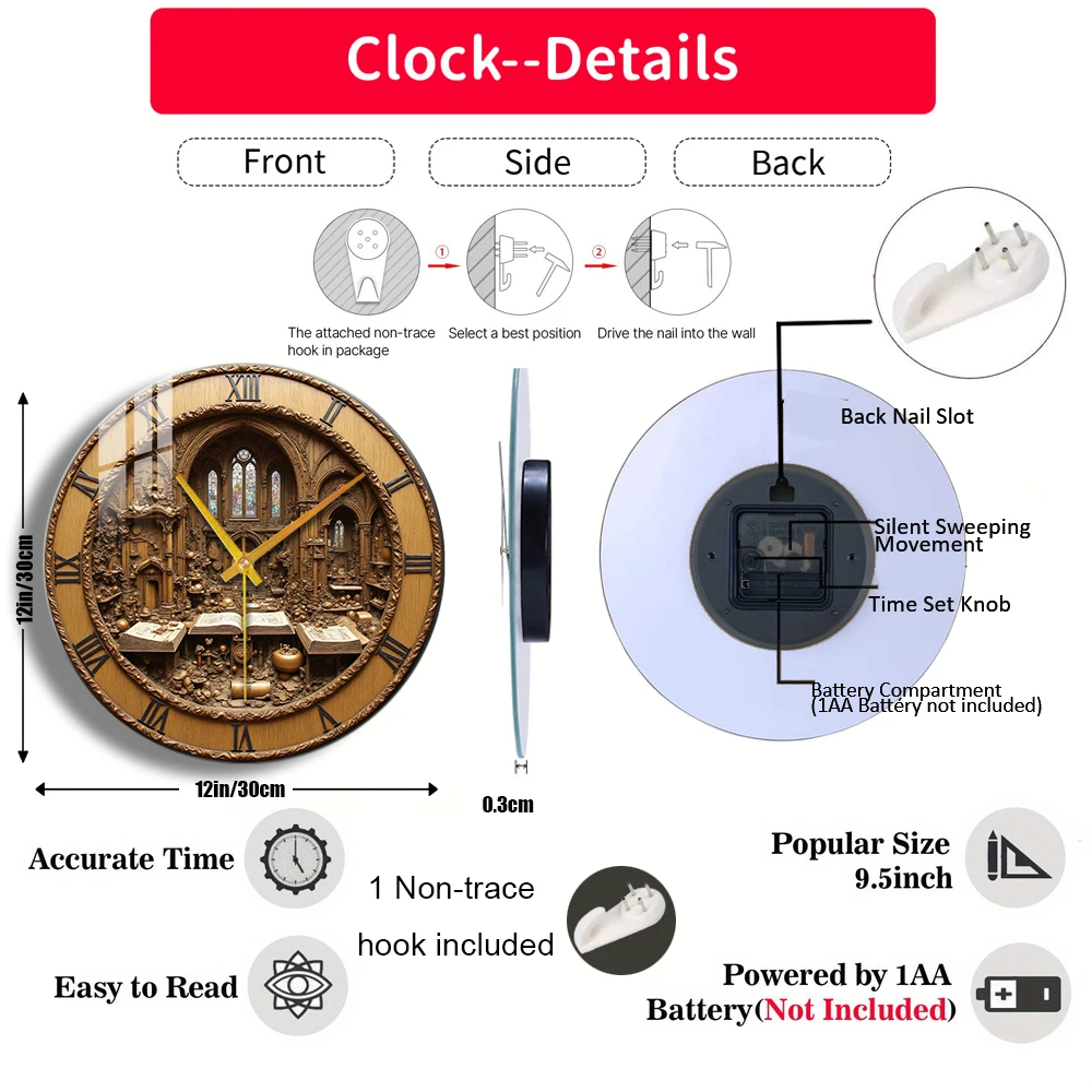 Tempered Glass Wall Clock Carved Wooden Clock with Gothic Library Scene Suitable For Wall Decor or Tabletop Display Anywhere