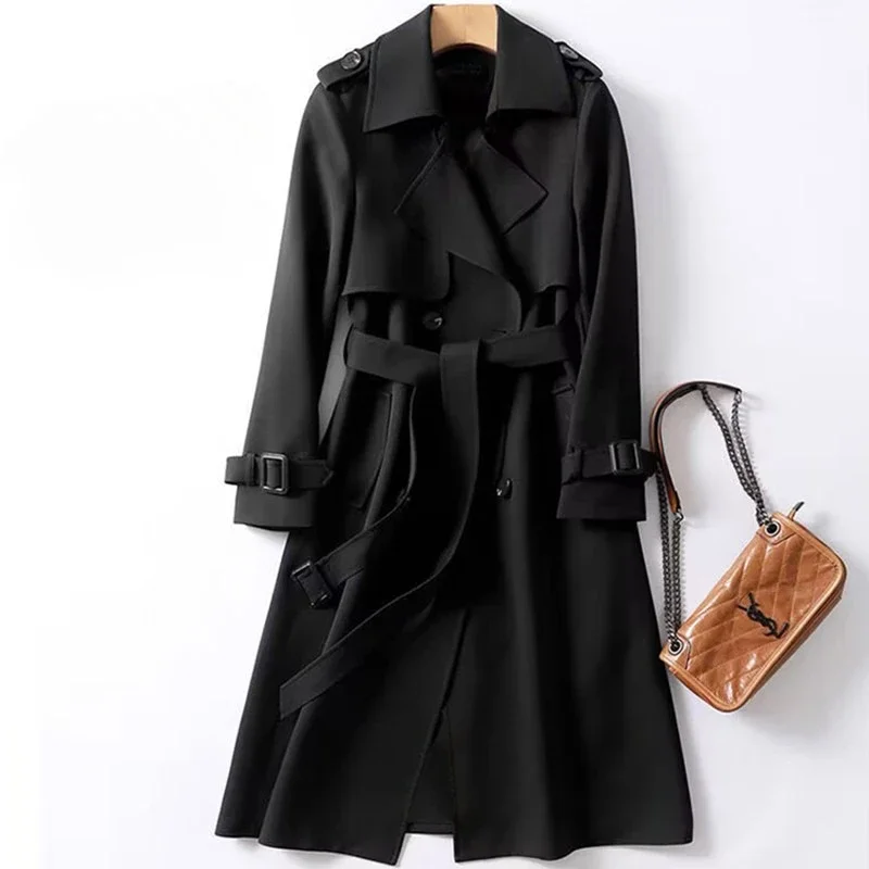 Elegant British Midi Windbreaker Jacket, Women Slim Button Coat Autumn Winter Casual Office Streetwear SoftThick