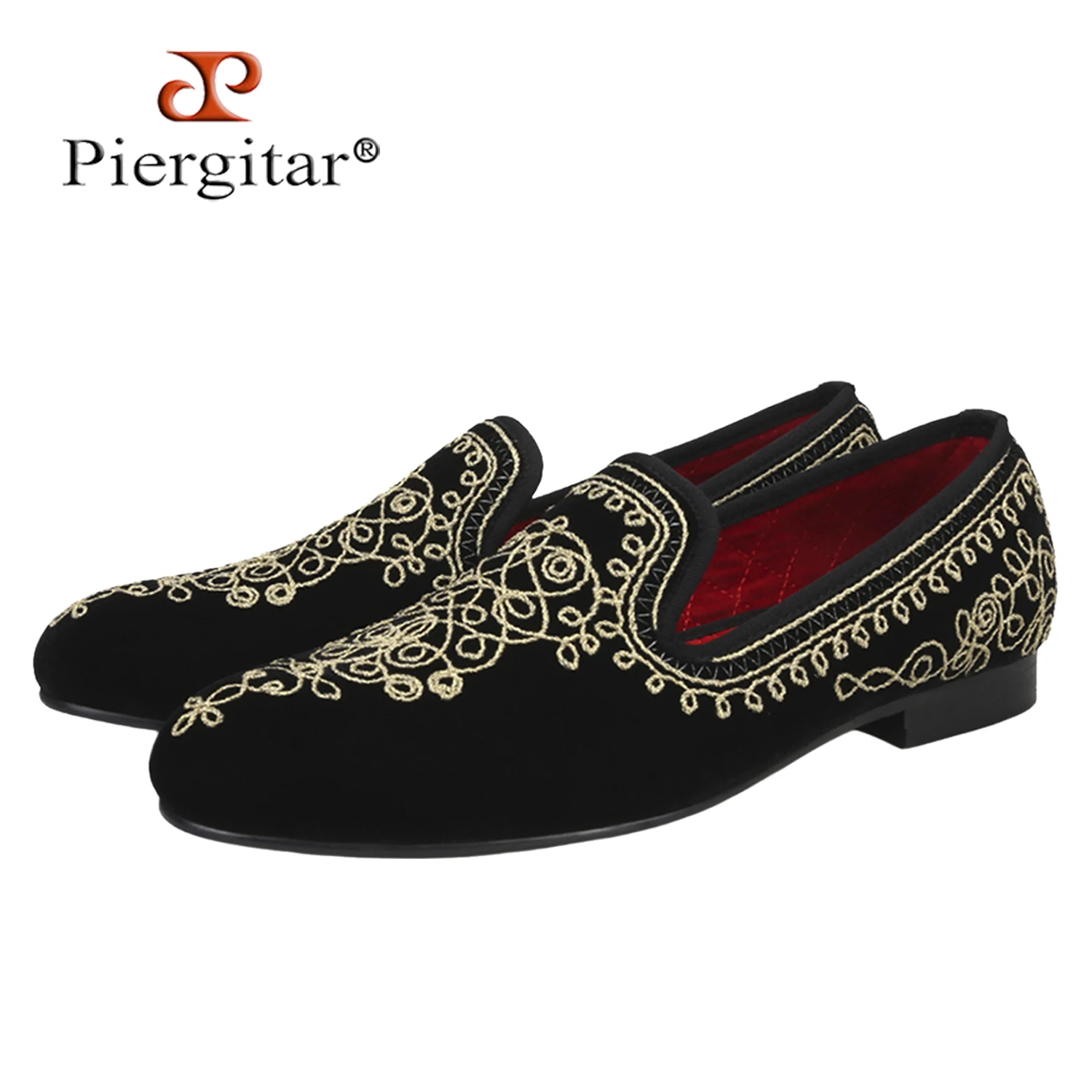 Piergitar Custom-Made Pure Handmade Gold Thread Embroidery Of Velvet Slip-On Loafers Men's Moccasins For Wedding And Party Wear