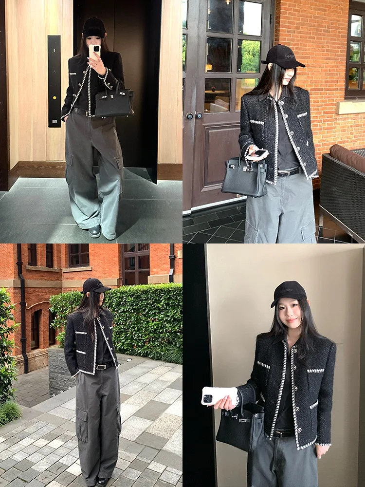 Xzichic Color Block Woolen Coat Women's Jene Tweed Top Autumn