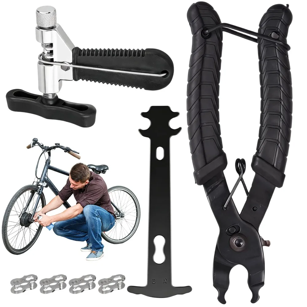Kit d'outils de maintenance de chaîne de vélo de précision robuste, équipé d'une pince à chaîne, d'un jauge de contrôle d'usure de chaîne et de 4 jeux de rivets, compatible avec les chaînes de vélo à 6 à 12 vitesses, kit tout-en-un pour l'installation rapide des maillons, la réparation de chaînes cassées et l'entretien cycliste régulier.