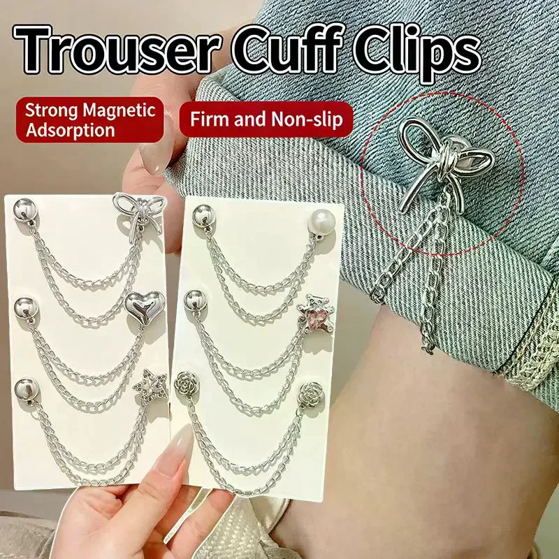 2pcs Multi-Function Magnetic Clothing Clip With Chain Metal Jean Buttons Clip Clothes Scarf Trouser Legs Cuff Fixing Magnet Pins