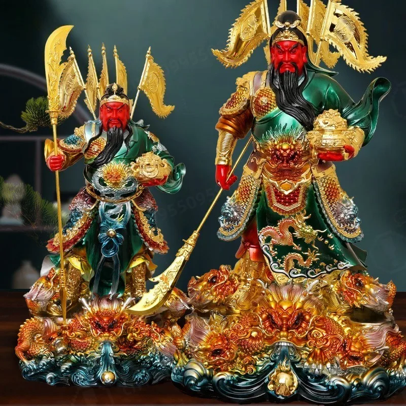 9-Dragon Green Robe Guan Gong Resin Statue, Martial God Guan Yu Figurine, Feng Shui Worship Decor For Business Shop Home
