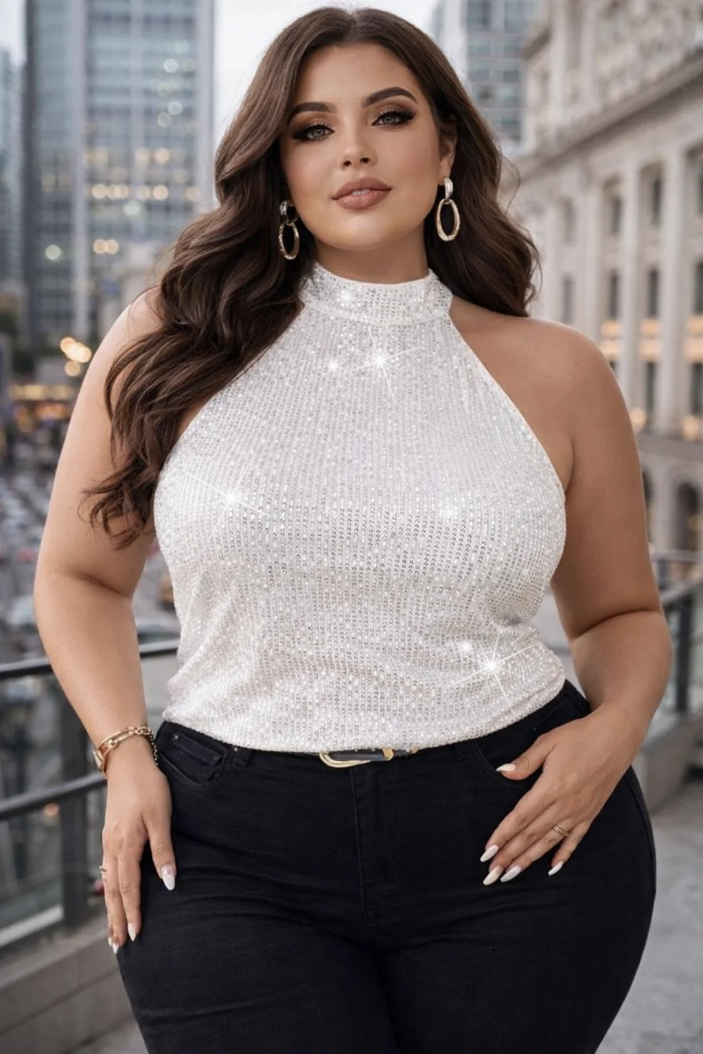 

Женская майка больших размеров с блестками, блестящая вечерняя рубашка для девочек, повседневный топ большого размера в белую полоску с блестками