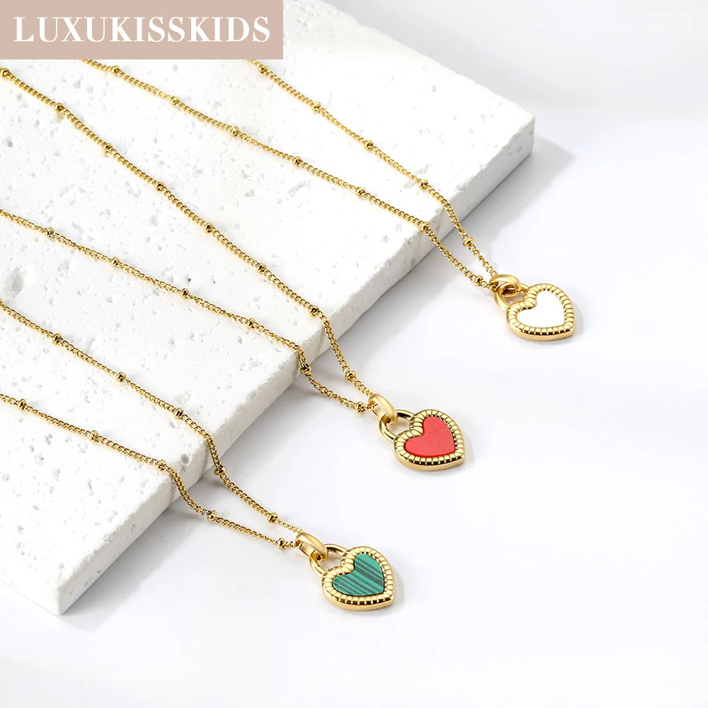 LUXUKISSKIDS Heart Necklace Lovely Lock Beads Choker Woman/Girl Stainless Steel 2 Side Mix Color Shell Pendant Jewelry On Neck