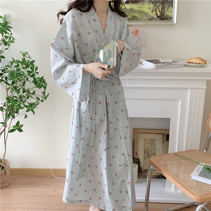 Cherry Plaid Robe Lovely Autumn Cotton Bathrobe Long Kimono Pajamas Nightgown Lace Up V-Neck Long Sleeve Night Dress Sweet