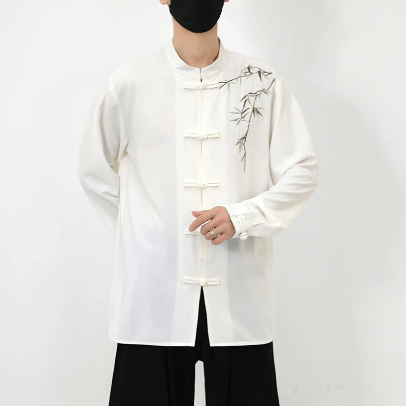 Chinese Style Bamboo Embroidery Stand Collar Button Down Long Sleeve Shirt Vintage Tang Dynasty Inspired Autumn Winter Top 5XL