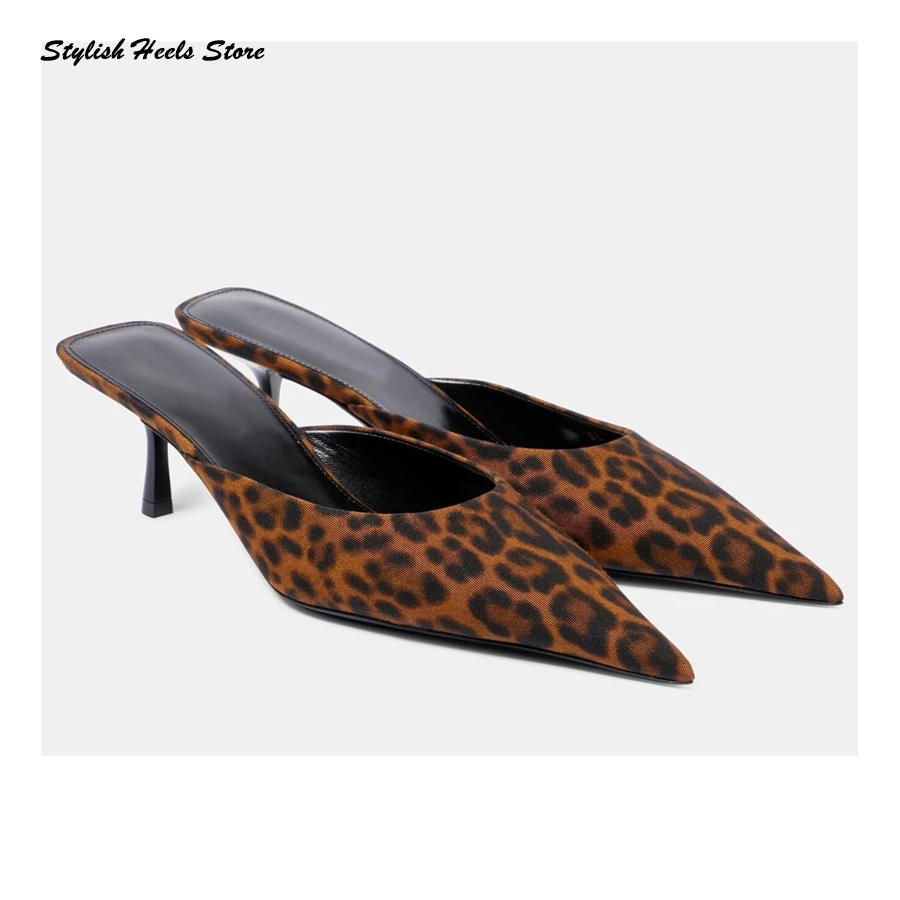 Stylish Sexy Leopard-print Point Toe Slip On Pumps Elegant Women Kitten Heel Mules Summer Fashion Party Wedding Dress Stilettos