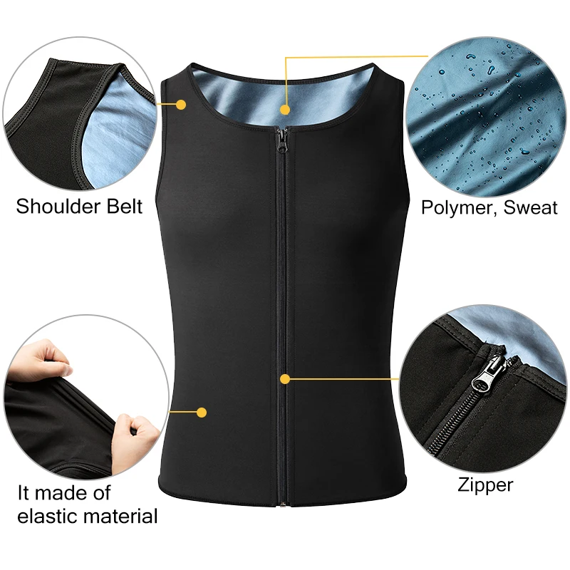 Mens Polymer Sauna Vest Sweat Body Shaper Slimming Compression Tank Top with Zipper Workout Shirt Heat Trapping Suit