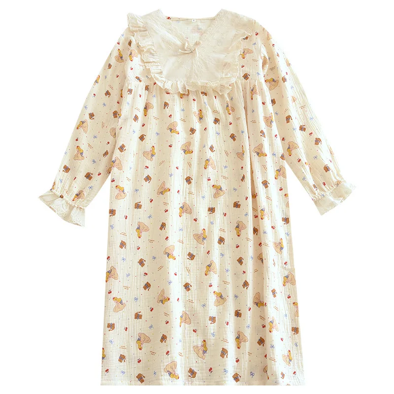 

Женская хлопковая двухслойная креповая ткань, тонкая всесезонная домашняя одежда с длинными рукавами, кружевная ночная рубашка-пуловер с V-образным вырезом