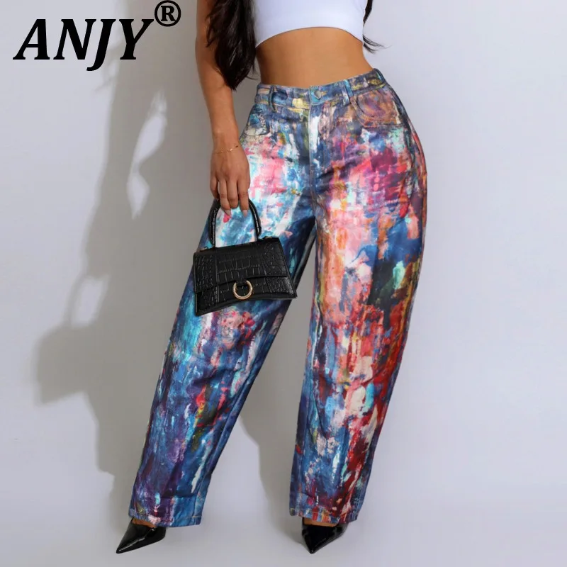 

ANJY Autumn New Women Fashion PU Leather 3D Printed Wide-Leg Jeans Streetwear Iron Chain Spliced Trend Casual Denim Pants A12912