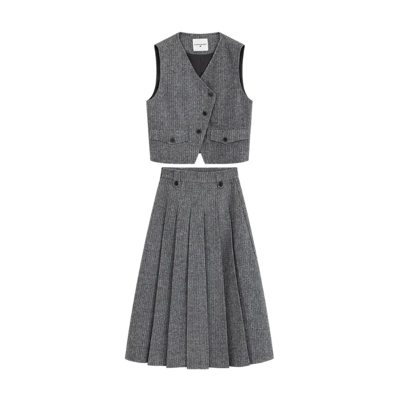 Fall Retro Contrast Vest High-Waisted Pleated A-Line Skirt Set Women Elegant Two-Piece Outfit Slimming Hip-Covering Design Skirt