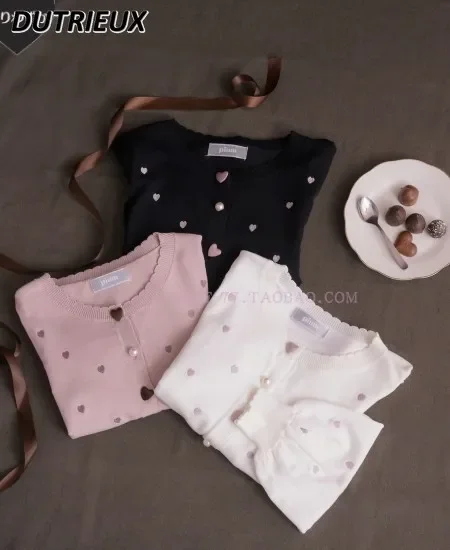 Japanese Style Mine Mass-Produced Women's Heart Embroidery Round Neck Short Sweater Coat Sweet Cute Buckle Knitted Cardigan