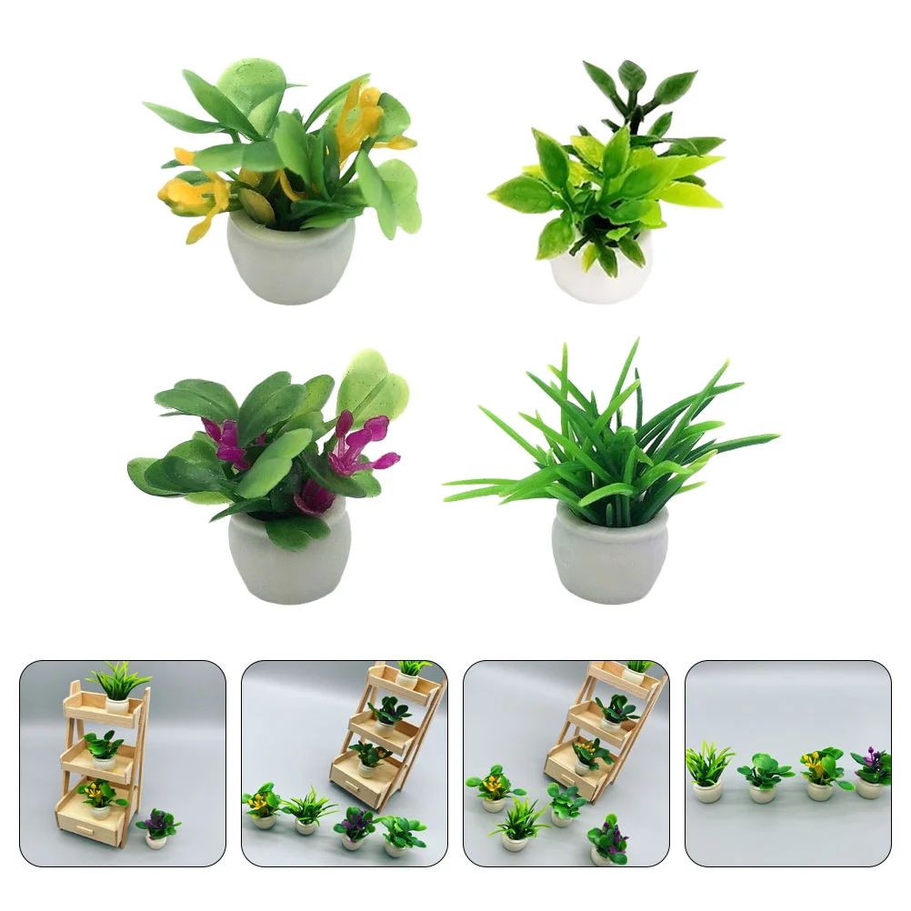 Macetas de flores artificiales en miniatura, plantas verdes de 4 piezas, Decoración de casa en maceta