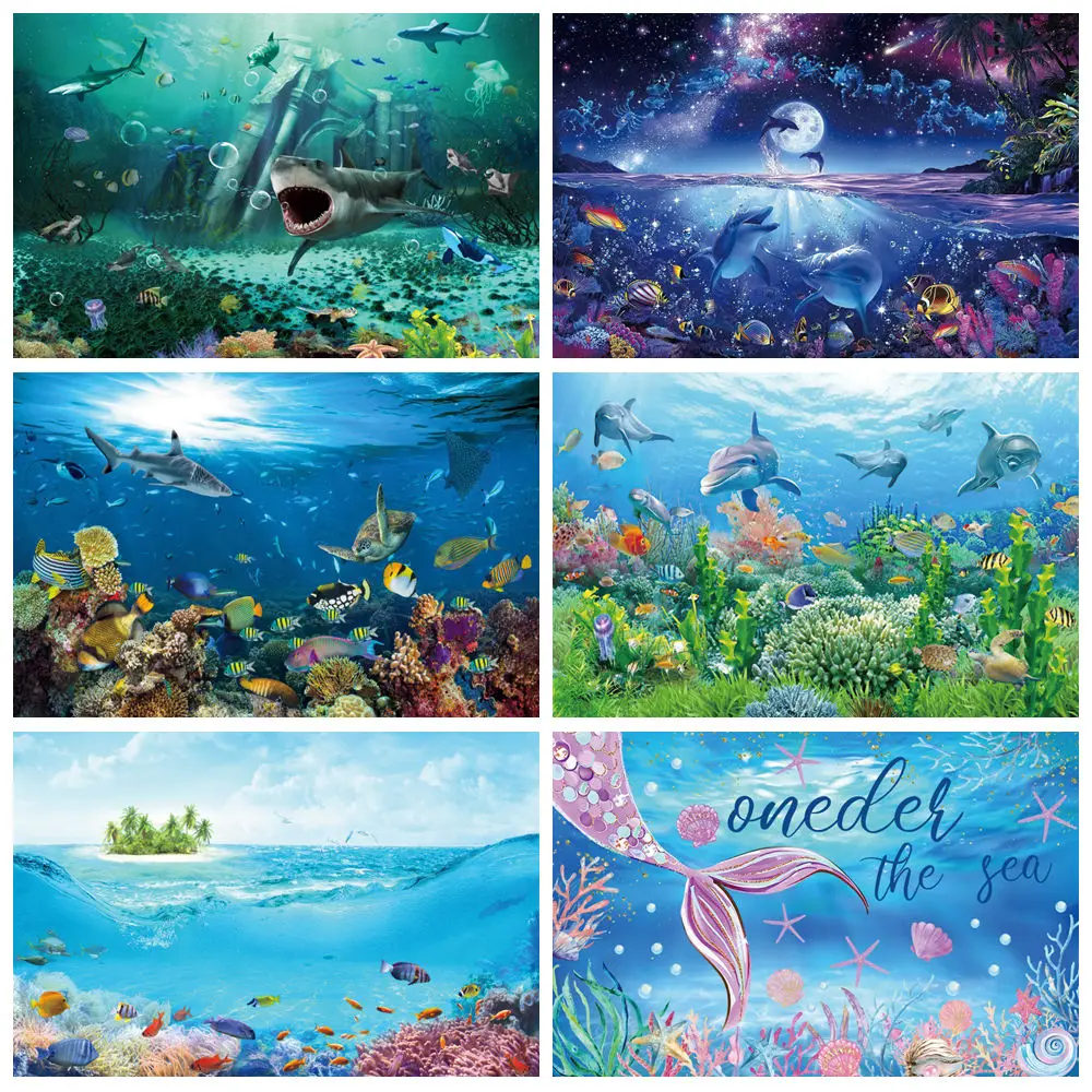 

Underwater World Backdrop Undersea Pearl Shell Tropical Fish Dolphin Turtle Coral Deep Sea Sunlight Photography Background Props