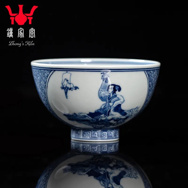 Zhongjia Kiln Master Cup Single Cup Jingdezhen Blue and White Porcelain Tea Cup Firewood Kiln Figure Portrait of a Lady Kung Fu