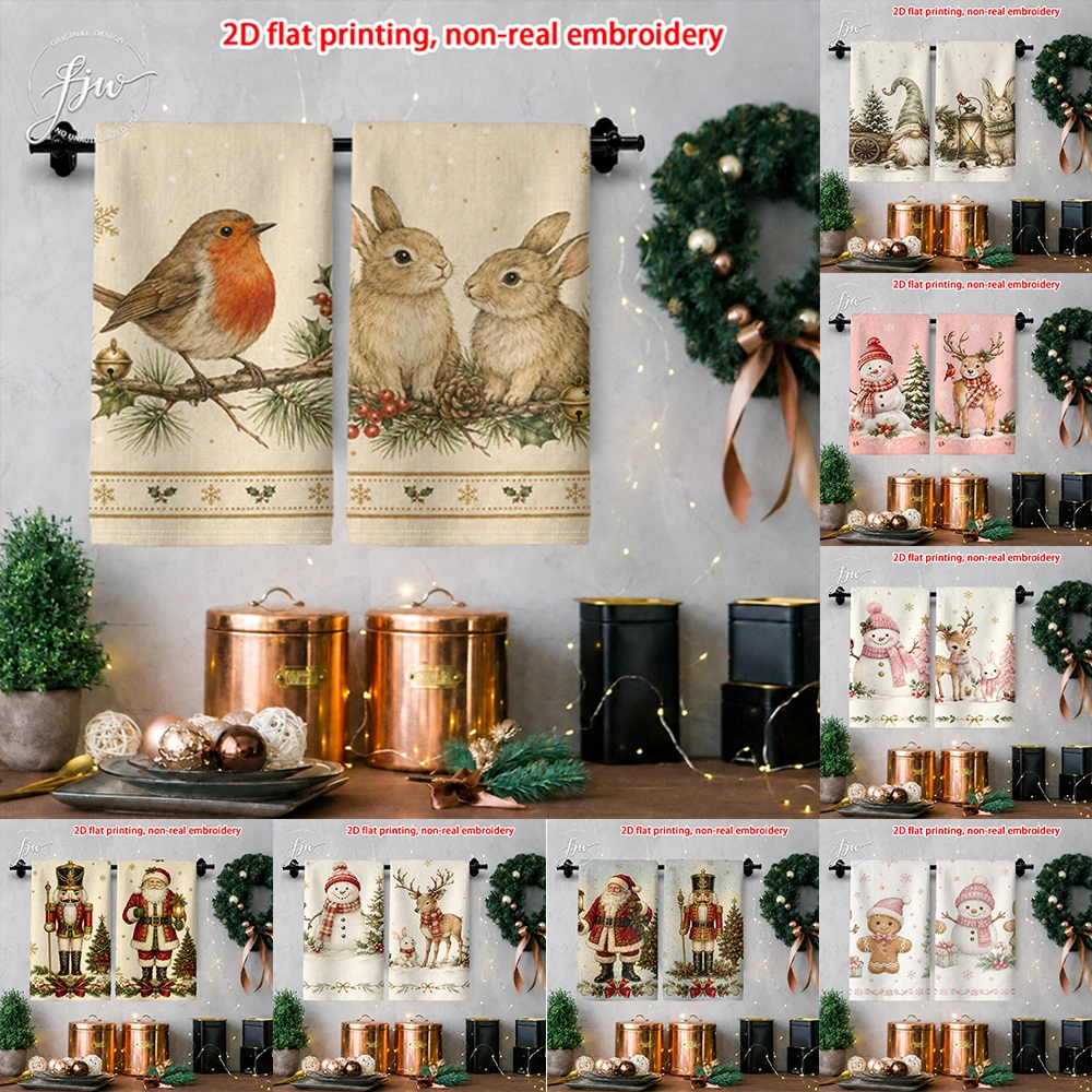 2pcs Christmas Vintage Style Kitchen Towels Set of 2 2D Flat Printed Festive Dish Towels for Holiday Decor