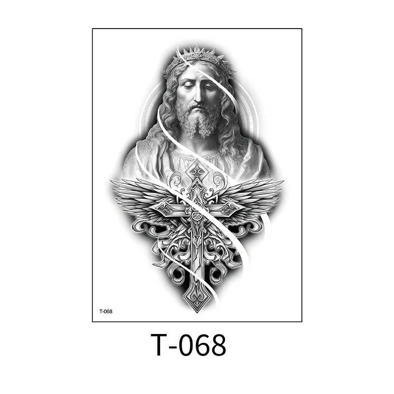 6 個動物フラワーアームアーム黒と白のオオカミヘッドタトゥーステッカースケッチタトゥーステッカー