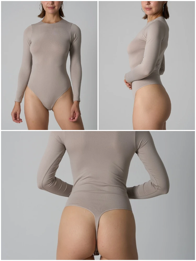 VITALINOVO Damen-Body mit Rundhalsausschnitt und langen Ärmeln, Basic Slim Fit, bequem, leicht, zum Schichten, sexy Tanga-Top, Herbst-Winter-Outfits – Detail 10